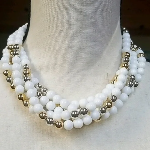 Vintage 1950s Mid Century Choker Beaded Gold & Silver Tone Multi-Strand Necklace - Picture 7 of 15